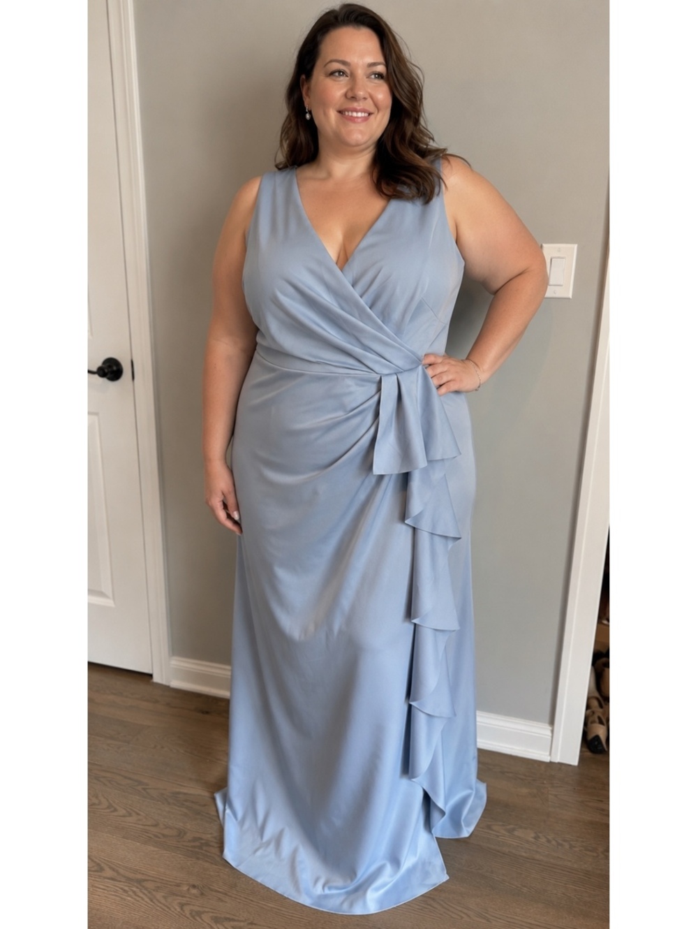 Betsy & Adam Light Blue Sleeveless Maxi Dress with Ruffle Detail